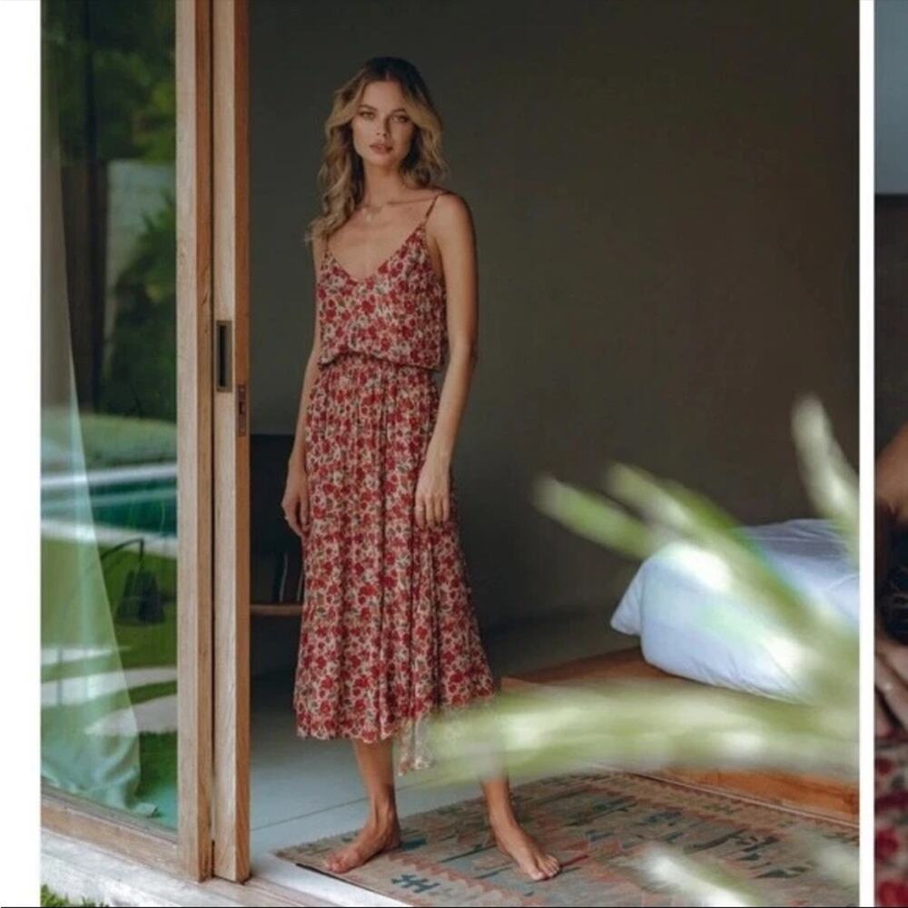 Floral Red Midi Slip Dress - Unbranded